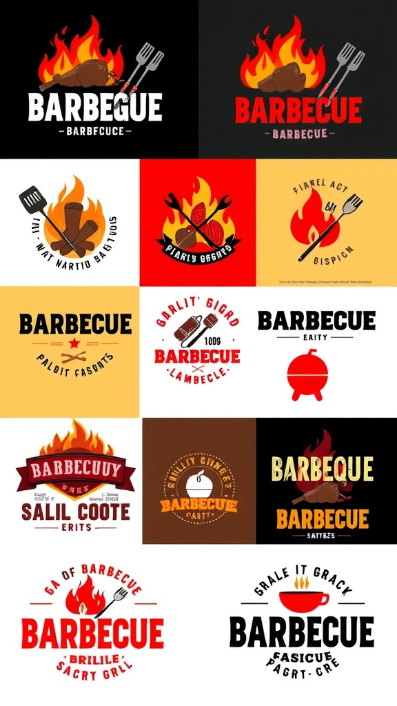 Various barbecue logo designs featuring flames, grill motifs, and bold text in warm colors.